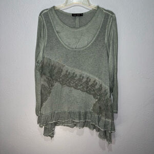 Casual Express Top XXL Green Long Sleeve Lace Ruffle Tunic Embellished Artsy